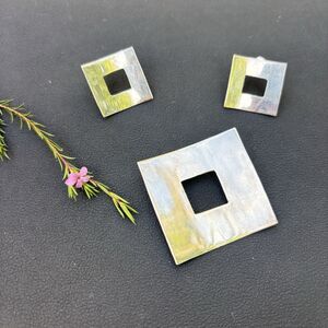 Modernist 925 Sterling Silver Square Cutout Pendant Earrings Set Geometric
